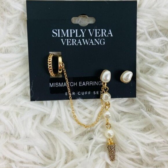 VERA WANG Rocker Chic Gold White Pearl & Clear Crystal Spike Mismatch Earrings - Picture 2 of 5